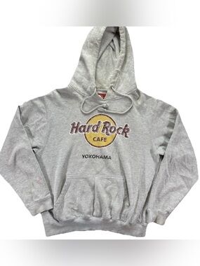 Vintage Hard Rock Cafe Yokohama Japan Hoodie Men's Medium Gray Y2K Music Pocket